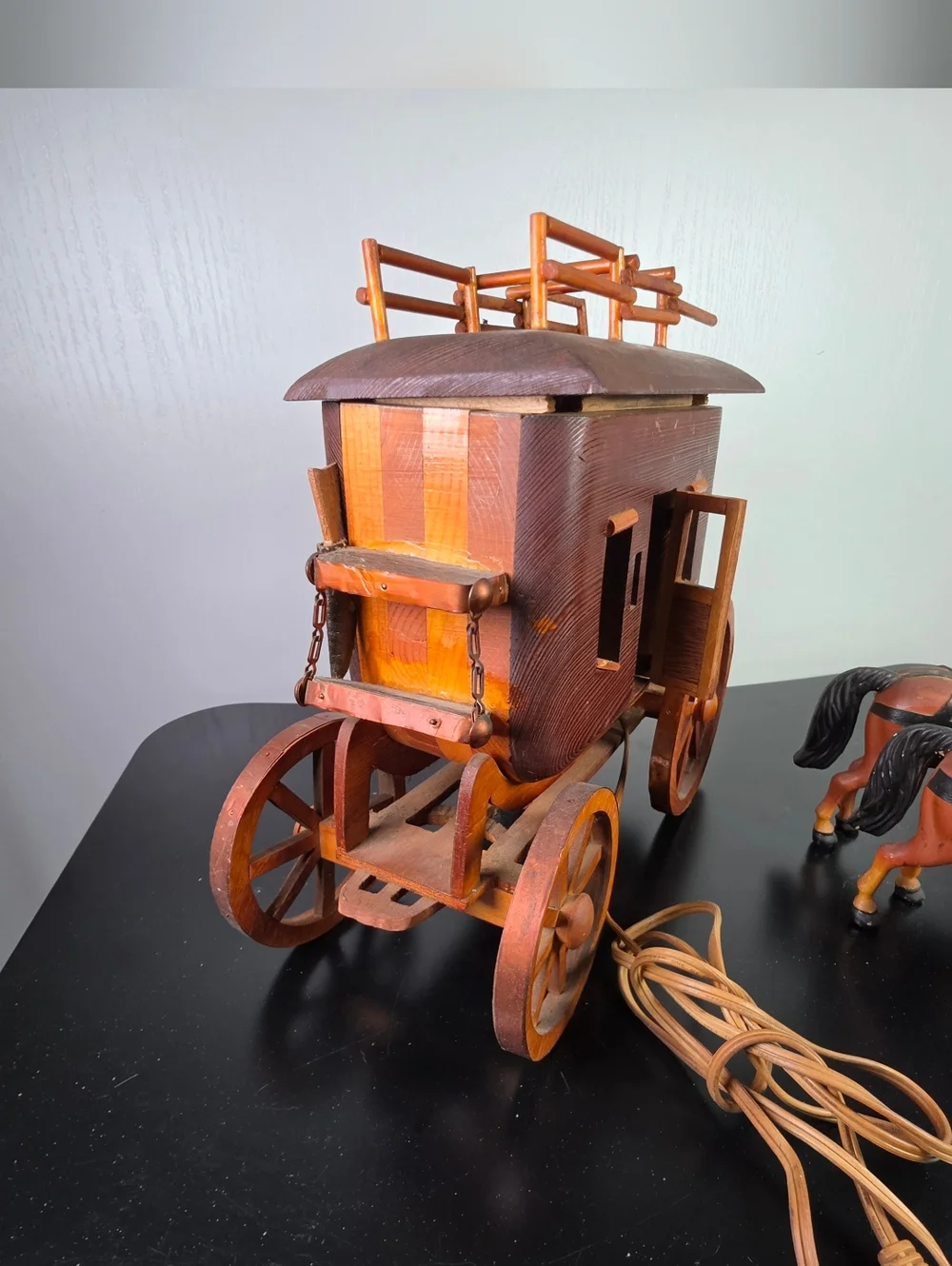 Wooden Stagecoach and Pair of Horses - Brown and Black